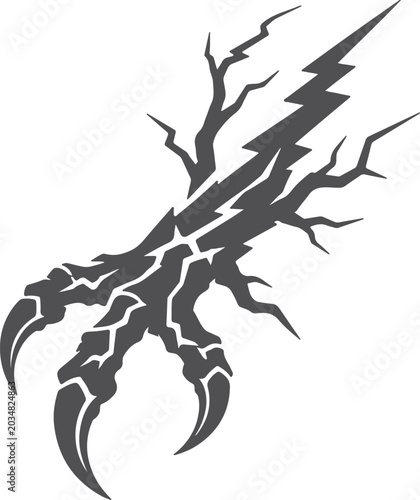 Black silhouette of a raptor claw with branching lightning bolt design element