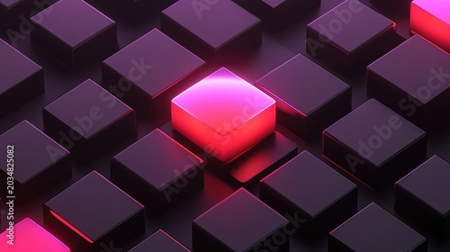 Central illuminated cube emerges from a dim grid of dark cubes in a digital data environment