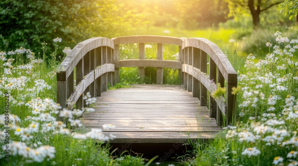 Obraz premium Charming wooden bridge adorned with wildflowers in a sun-drenched rural landscape