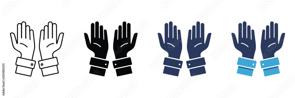 Fototapeta premium Set of praying hands icons, open palms gesture, religious prayer or pleading concept, vector illustration