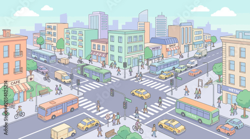 Busy City Intersection with People, Cars, and Public Transport in Cartoon Style