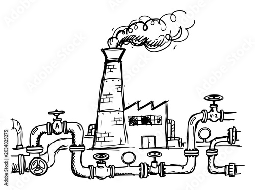 Industrial factory site with smoking chimney and complex pipe system in hand drawn sketch style