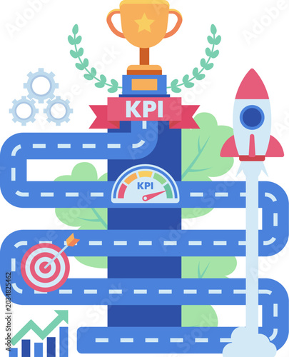 Business KPI Achievement Roadmap with Performance Metrics and Trophy