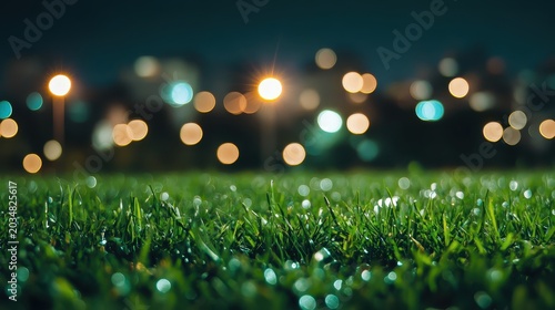 Close-up of lush green grass in a park at night, with blurred city lights creating bokeh in the background.