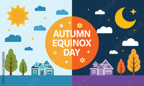 Photos Vibrant Autumn Equinox Day vector illustration showing balanced bright sun and glowing moon scenes with cozy suburban homes