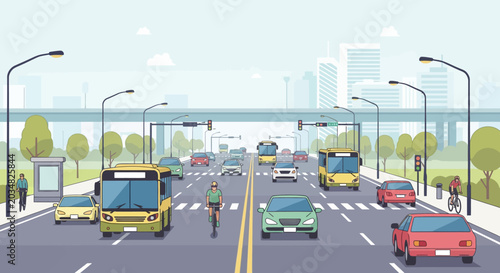 Busy City Street with Traffic and Cyclists - Vector Illustration