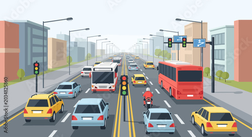 Busy City Street with Traffic and Buildings Illustration