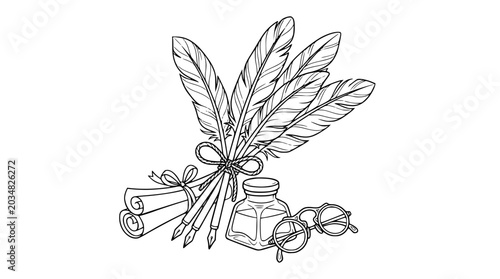 Vintage Writing Tools Set with Quills Scrolls Inkwell and Spectacles Line Art Illustration
