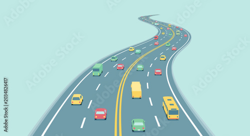 Cartoon Highway with Colorful Vehicles and Sky Background