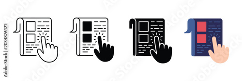Set of document click icons, hand cursor clicking on a paper or report, vector illustration