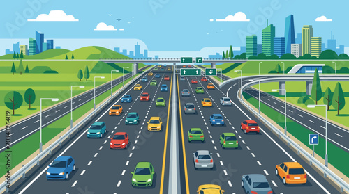 Busy Highway Traffic with City Skyline and Green Landscape