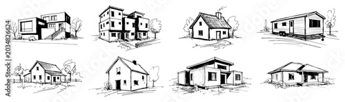 Foto Various residential houses and small cottages collection in hand drawn sketch st