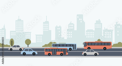 Cityscape illustration with transportation, cars and buses on the road