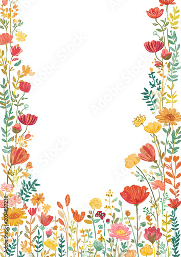 Watercolor floral frame with vibrant spring flowers and wild meadow herbs.