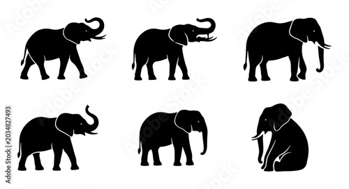 Photos Six Silhouette Elephant Vector Icons, African Wildlife Animal Graphics, Majestic