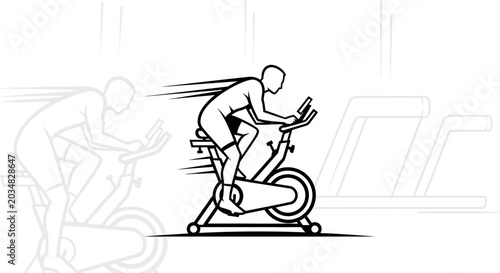 Dynamic Silhouette of a Cyclist on a Stationary Bike, Speed Lines, Gym Interior