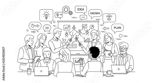 Diverse team brainstorming business strategy and growth ideas in a modern office meeting