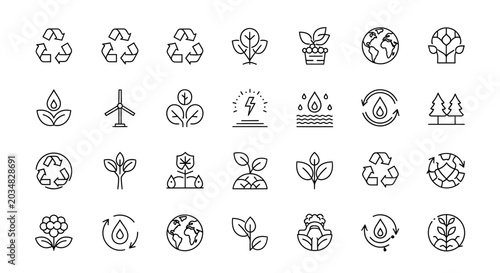 Eco Friendly Icons: Renewable Energy, Nature, Recycling, Sustainability & Green Technology