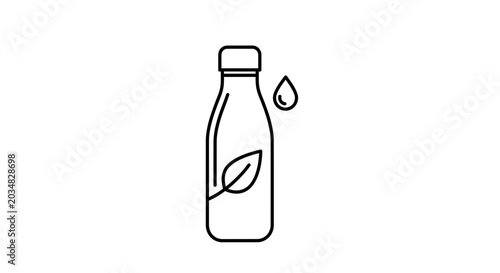Eco friendly water bottle with leaf icon and water drop, sustainable hydration concept