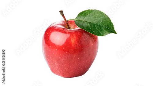 Single fresh organic red apple fruit with smooth skin and green leaf for healthy raw diet on transparent background