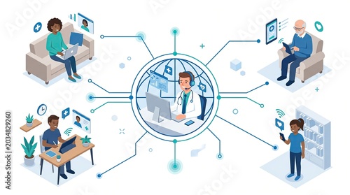 Remote workers connect with colleagues through digital devices and network
