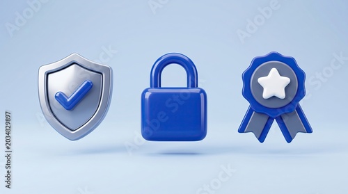 Security icons including a shield with checkmark, padlock, and award ribbon on blue background