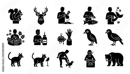 Photography Wildlife and Pet Care Icons: 15 Vector Graphics for Nature, Animals, and Domesti