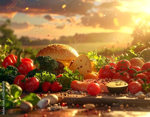 A serene burger surrounded by fresh vegetables at sunset