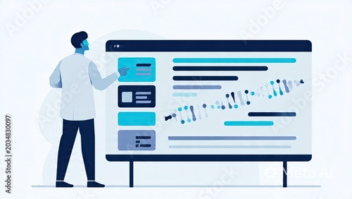 Man standing next to large computer screen with blue interface elements