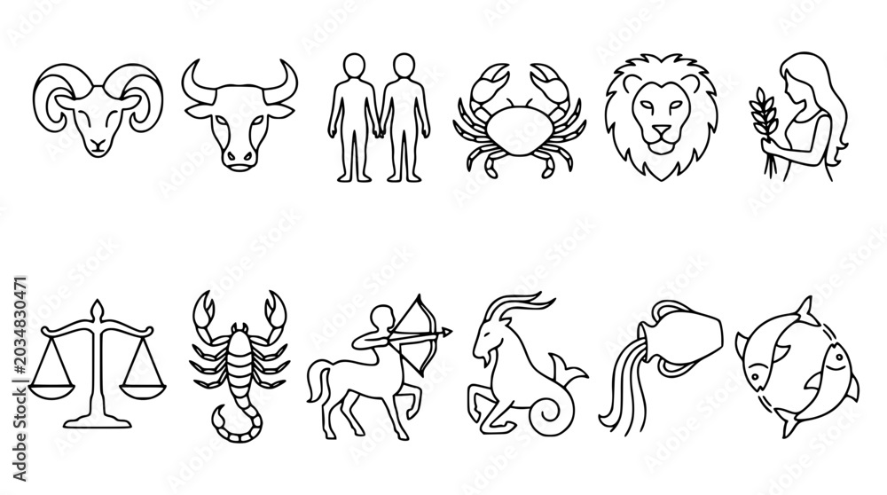 Naklejka premium Vector illustration of twelve zodiac signs in simple black line art style