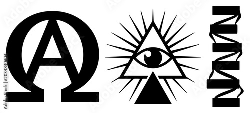 Fotografía mystical symbols set including alpha omega sign and all seeing eye of providence