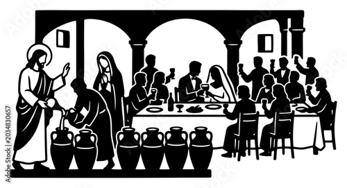 Photos Jesus Christ performing miracle of water into wine at wedding feast silhouette i