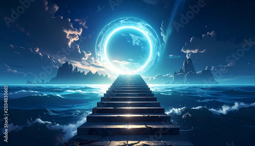 Glowing portal above ocean waves with stairs leading to mystical gateway