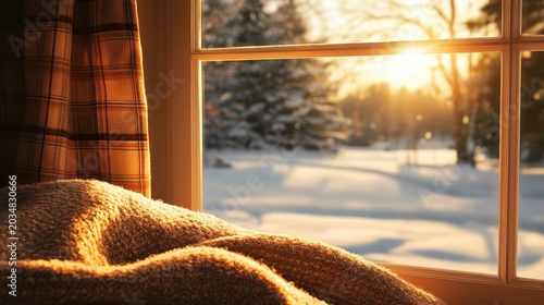 Warm cozy blanket viewed through a window at sunset overlooking a snowy winter landscape with trees.