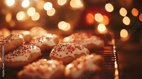 Warmly lit Christmas cookies decorated with colorful sprinkles sit on a cooling rack with festive bokeh background
