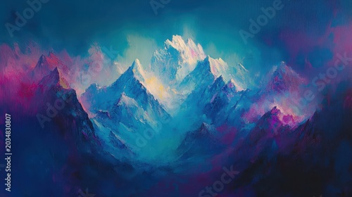 Vibrant Snowy Mountain Peaks Under Dramatic Colorful Sky