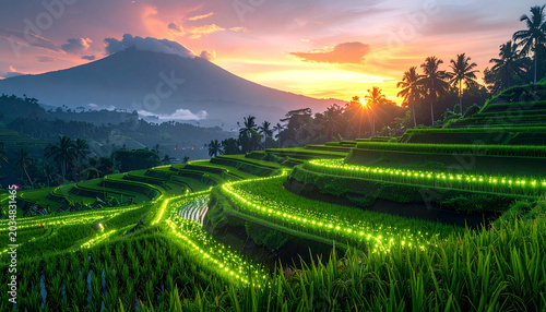 Rice terraces at sunset with green lights on the steps