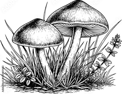 Schilderij op canvas Vintage engraving style of mushrooms growing in grassy field fungi nature forest