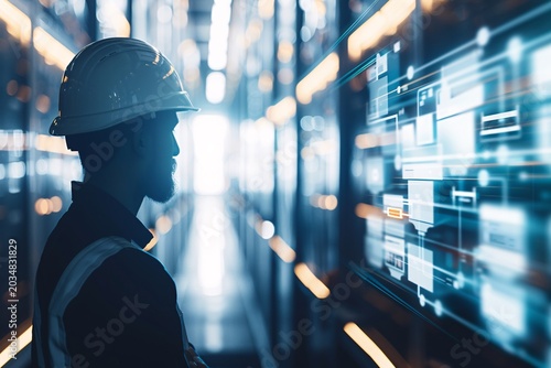In a minimalist scene, the silhouette of a logistics manager is seen overseeing a digital dashboard filled with logistics data and innovative tech solutions, with space for copy.