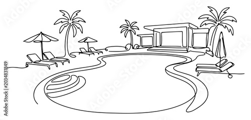 Cuadro en lienzo Swimming pool with palm trees and sun loungers at a luxury resort in minimalist