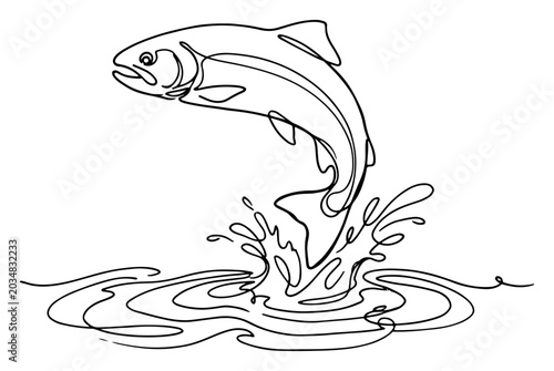 Salmon fish jumping out of water with splash in minimalist continuous line art style