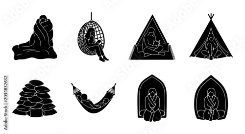 Foto Cozy Relaxation Icons: People Resting in Blankets, Hammocks, Tents, and Hanging