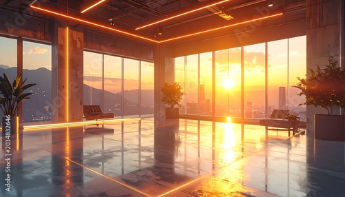 A serene cityscape at sunset from a high-rise building