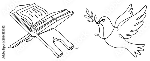 Schilderij op canvas Open holy book Quran on wooden stand with peace dove one line drawing style