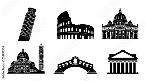 Foto Iconic Italian Landmarks Vector Set: Leaning Tower of Pisa, Colosseum, Florence Cathedral, Rialto Bridge, St