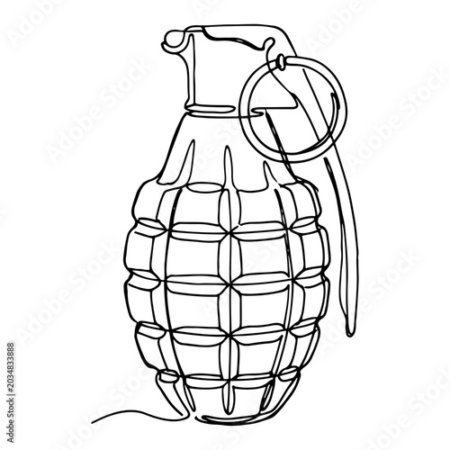 Military hand grenade explosive weapon with pull ring one line drawing style