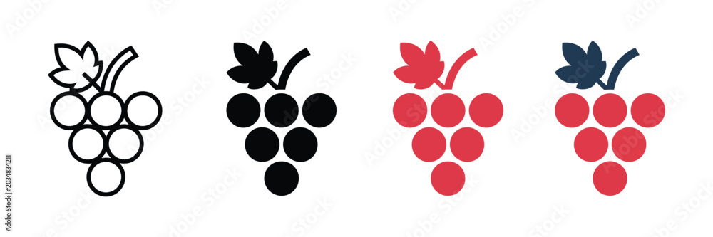 Fototapeta premium Set of grape icons in different styles, outline, solid black, red and multicolored vector illustrations