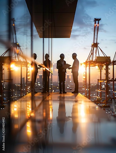 Silhouette of a logistics manager consulting with a team, with a background of transportation paths and extensive copyspace.