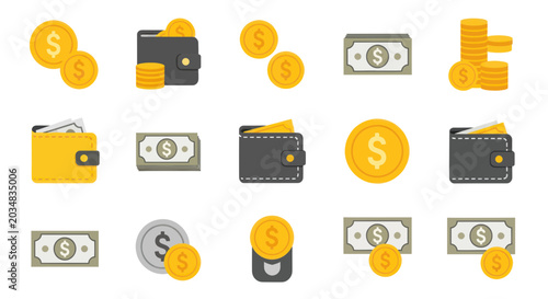 Money Icons Set: Coins, Wallets, and Banknotes - Financial Symbols