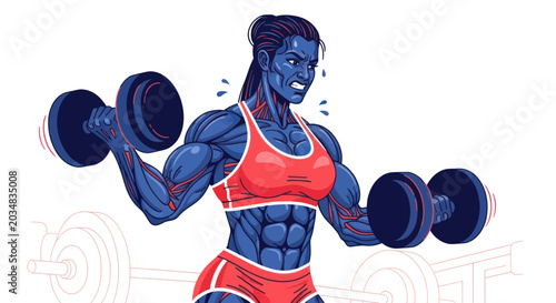 Fotografía Muscular Woman Lifting Dumbbells, Fitness Workout